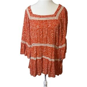 Free People XS Orange‎ Boho Print Tunic Top Blouse W Ivory Crochet Trim Tiered